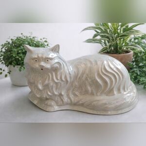 Vintage Large Persian Cat Statue White Slight Iridescence Glazed Ceramic 16"